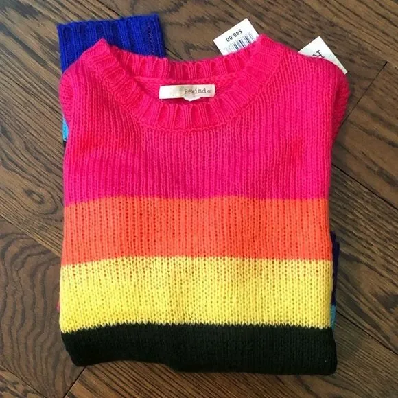 REWIND Womens Bold Rugby Stripe Colorful Lightweight Crewneck Sweater Sz Large - Picture 7 of 8